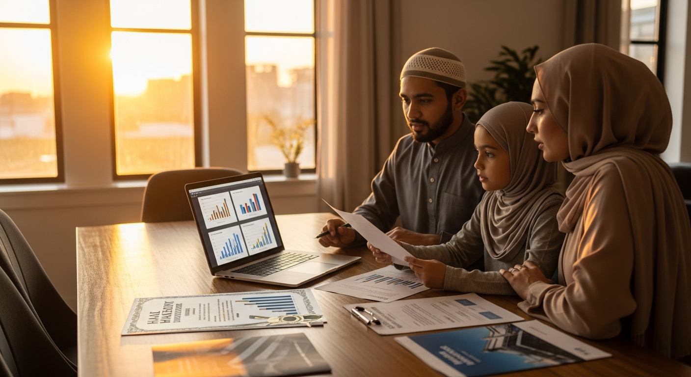 Famille musulmane consultant des solutions de finance islamique sur tablette